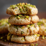 Stack of pistachio butter cookies with cracked tops and pistachio garnish