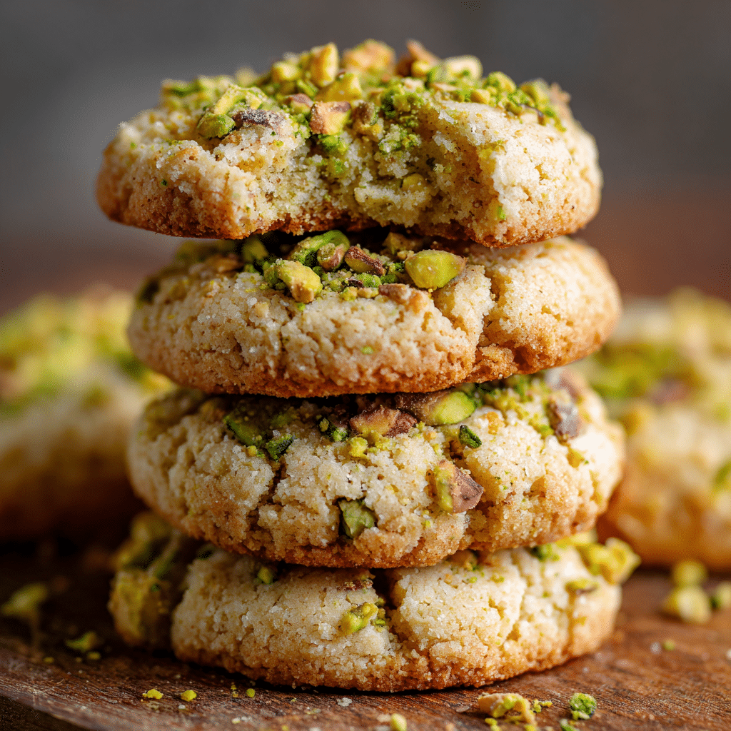 Stack of pistachio butter cookies with cracked tops and pistachio garnish