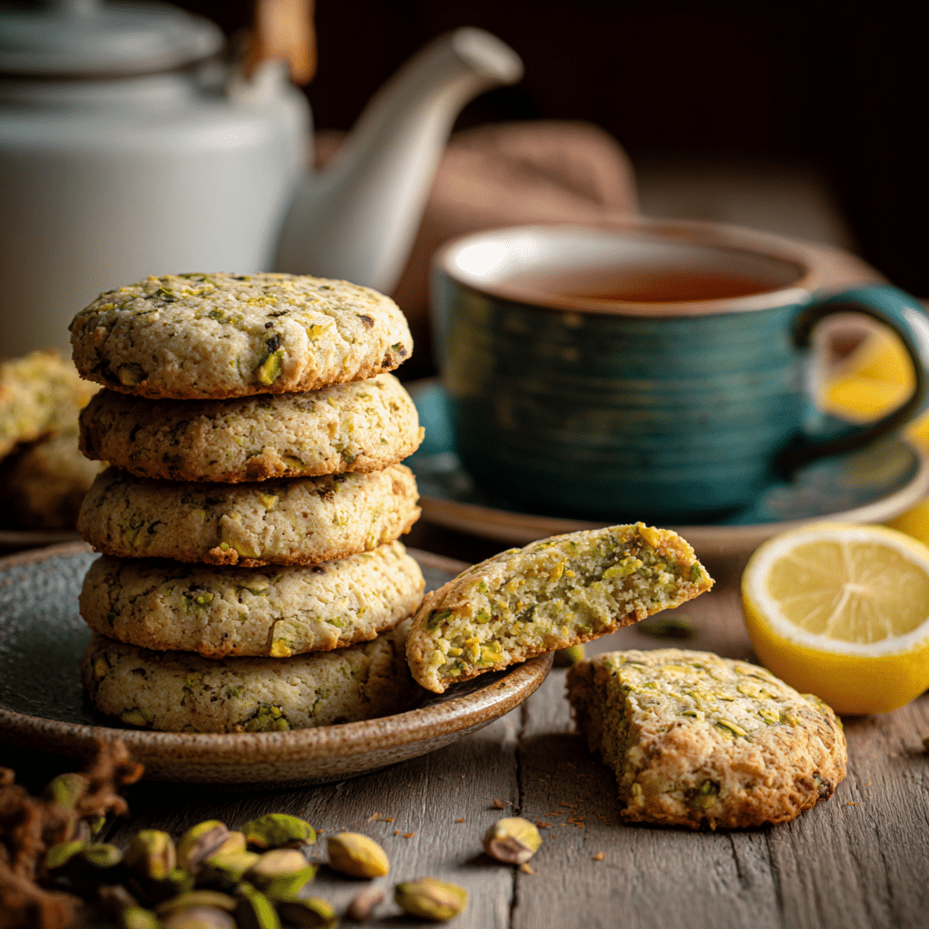Pistachio butter cookies with tea on a rustic table