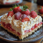 Strawberry cheesecake dump cake freshly baked with cream cheese swirl