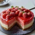 Strawberry cheesecake with graham cracker crust and fresh strawberry topping