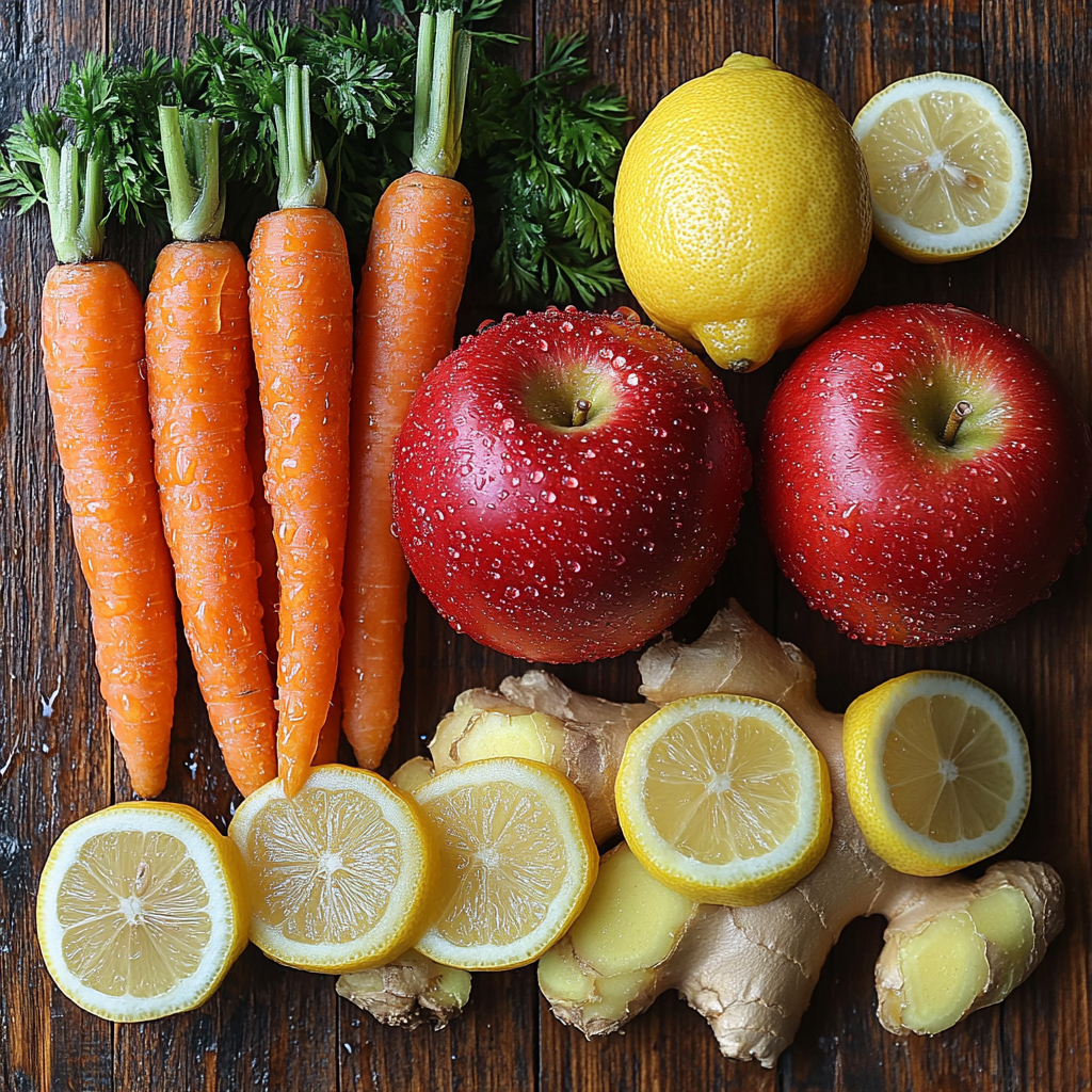 saskdev 98455 Close up flat lay of fresh juicing ingredients 2f585abb fb2e 4abd 9c89 8a92fac9ff25 0