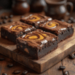 saskdev 98455 Fudgy coffee caramel swirl brownies on a rustic 332c26e1 8a1e 4933 8a12 a71d2a5f0499 0