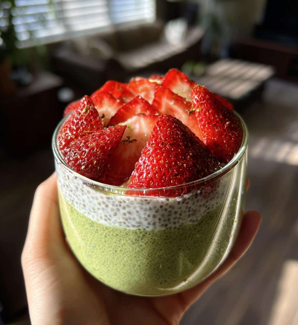strawberry matcha chia seed pudding - detail 1