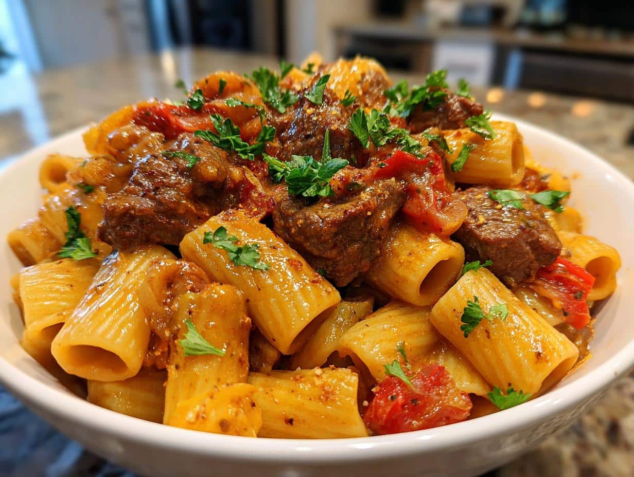 Cajun Steak Tips in Cheesy Rigatoni Parmesan Sauce - detail 1