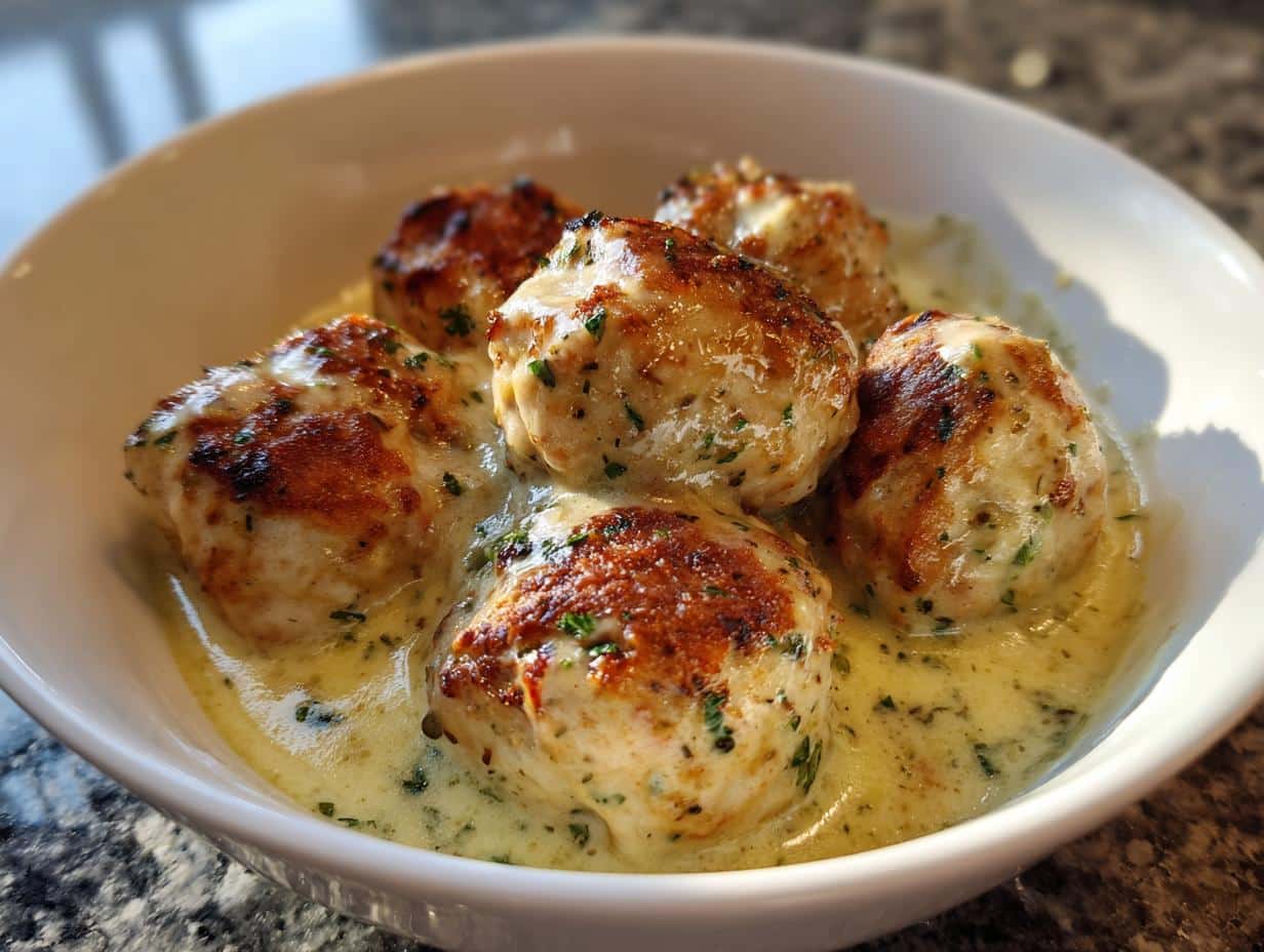 chicken meatballs swimming in garlicky Alfredo sauce - detail 1