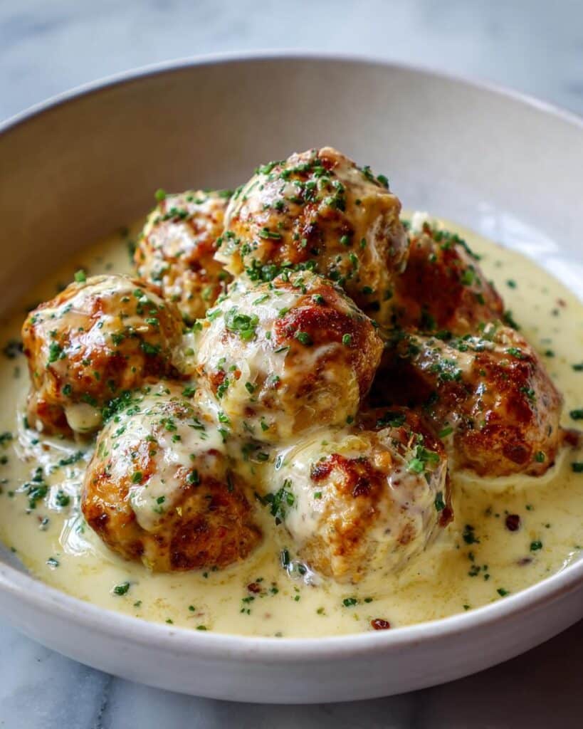 chicken meatballs swimming in garlicky Alfredo sauce