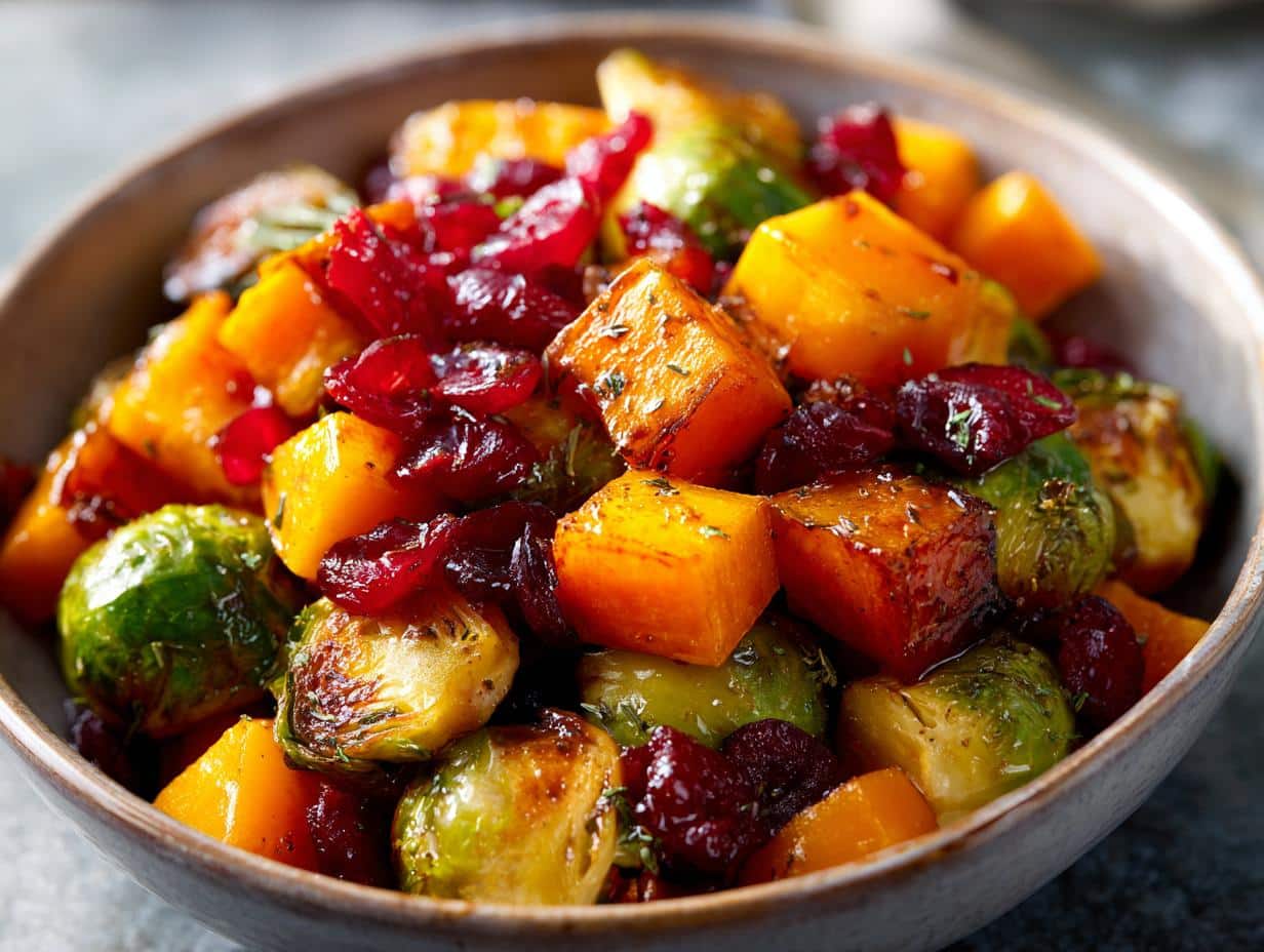 cranberry glazed roasted butternut squash brussel sprouts and sweet potato salad - detail 1