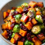 cranberry glazed roasted butternut squash brussel sprouts and sweet potato salad