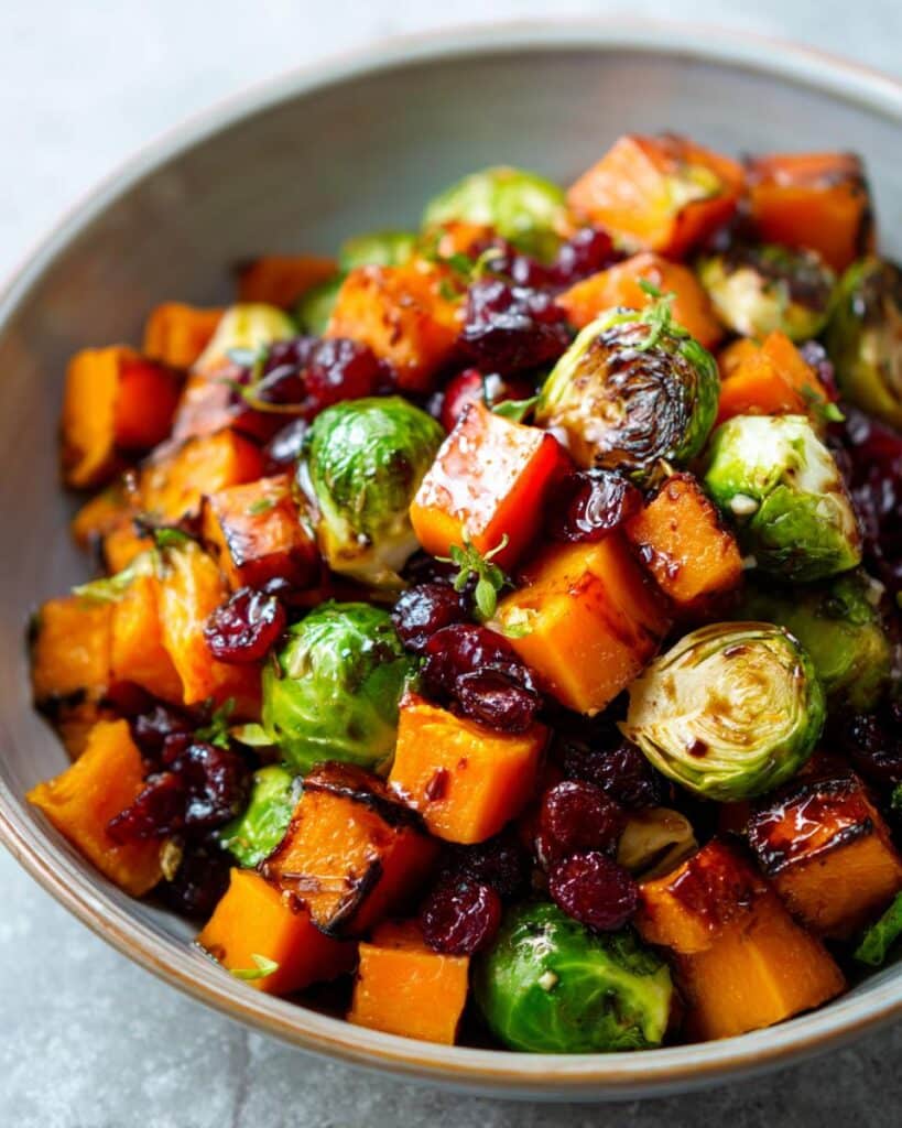 cranberry glazed roasted butternut squash brussel sprouts and sweet potato salad