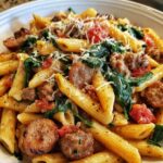 Creamy Garlic Butter Beef Penne with Sausage and Spinach