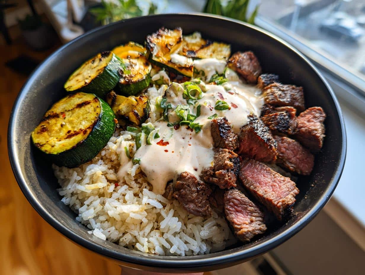 Grilled Steak Bowl with Creamy Sauce & Grilled Zucchini - detail 1