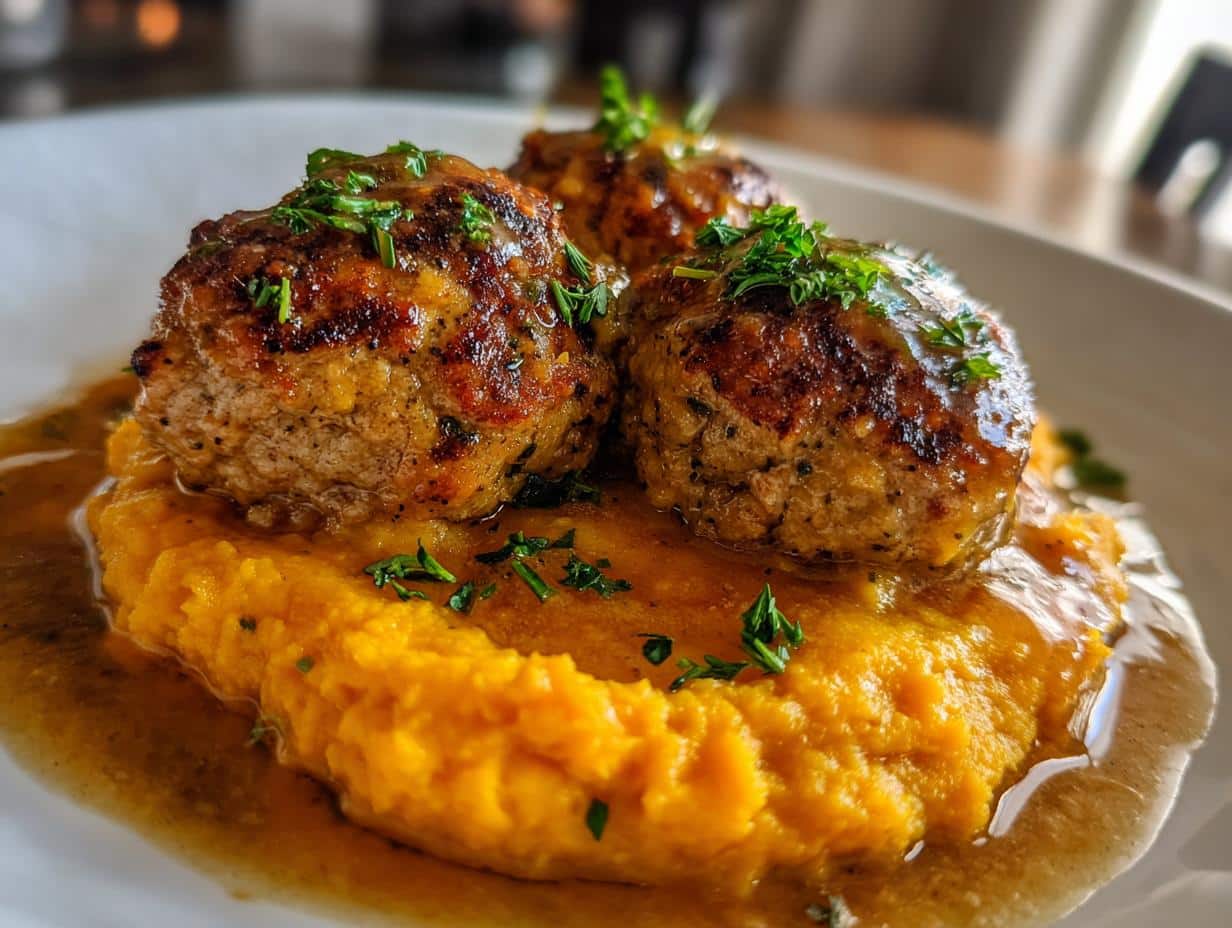 Pork Meatballs with Sweet Potato Mash & Bourbon-Maple Sauce - detail 1