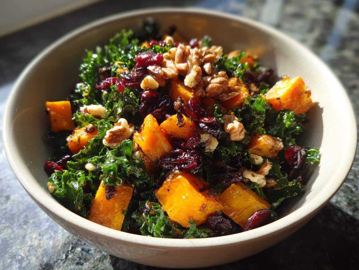 Warm Kale and Roasted Squash Salad with Cranberry Vinaigrette - detail 1