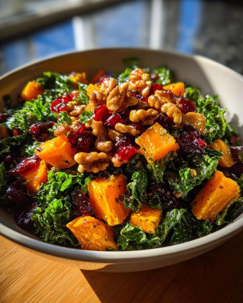 Warm Kale and Roasted Squash Salad with Cranberry Vinaigrette