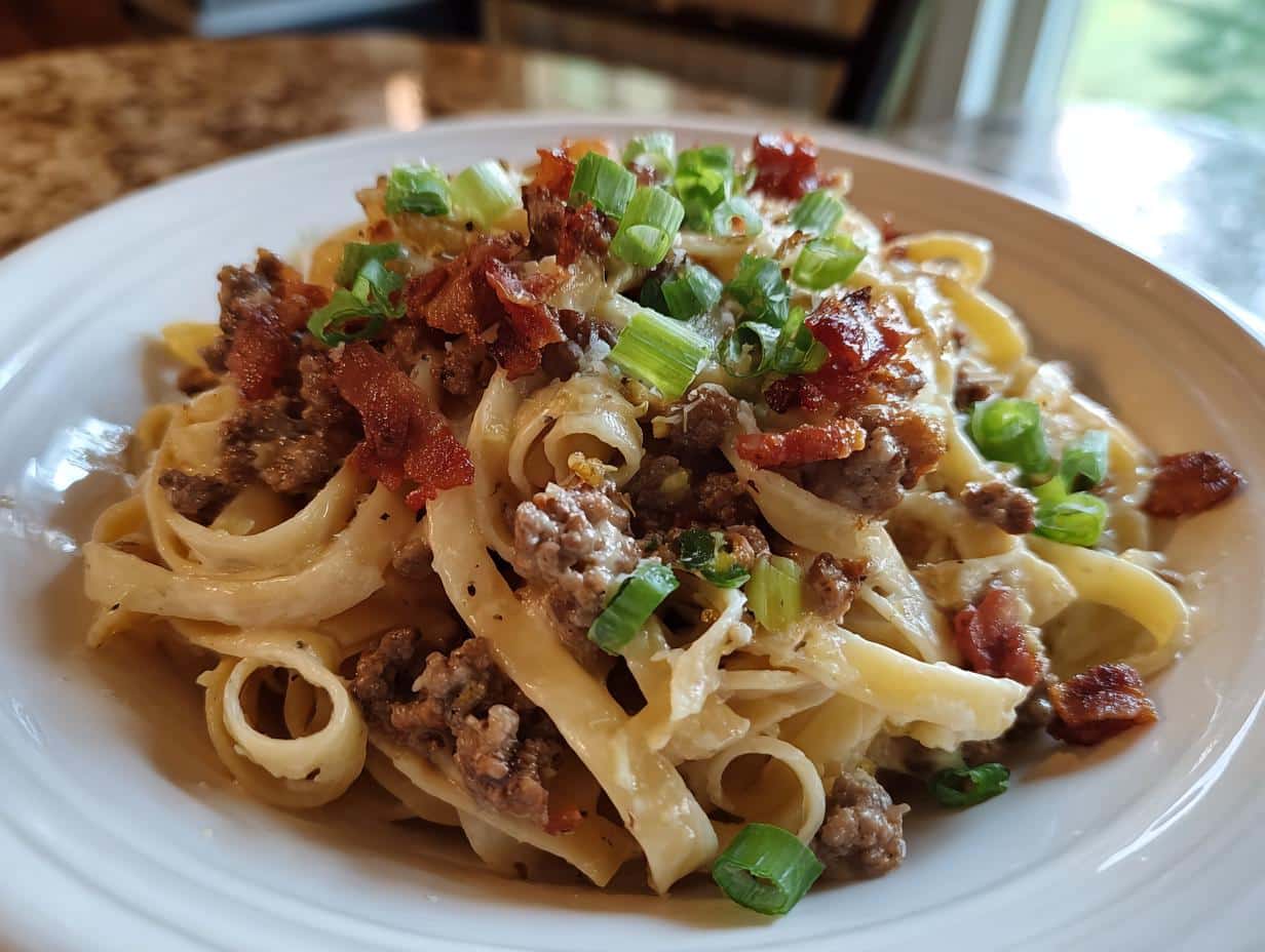 loaded bacon cheeseburger alfredo pasta - detail 1