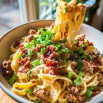 loaded bacon cheeseburger alfredo pasta