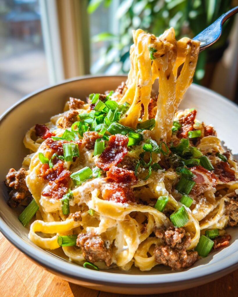 loaded bacon cheeseburger alfredo pasta