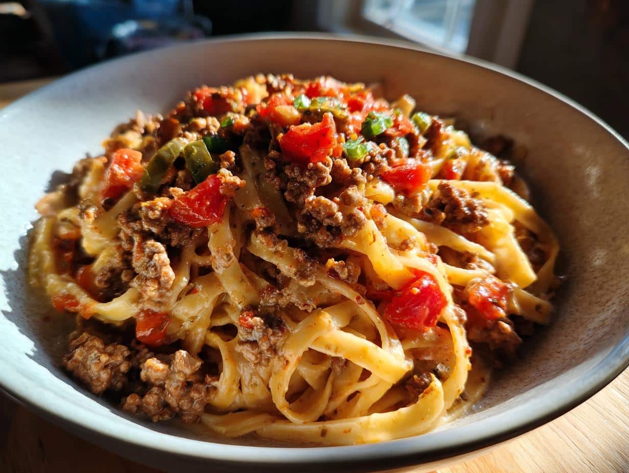 loaded cheeseburger alfredo pasta - detail 1