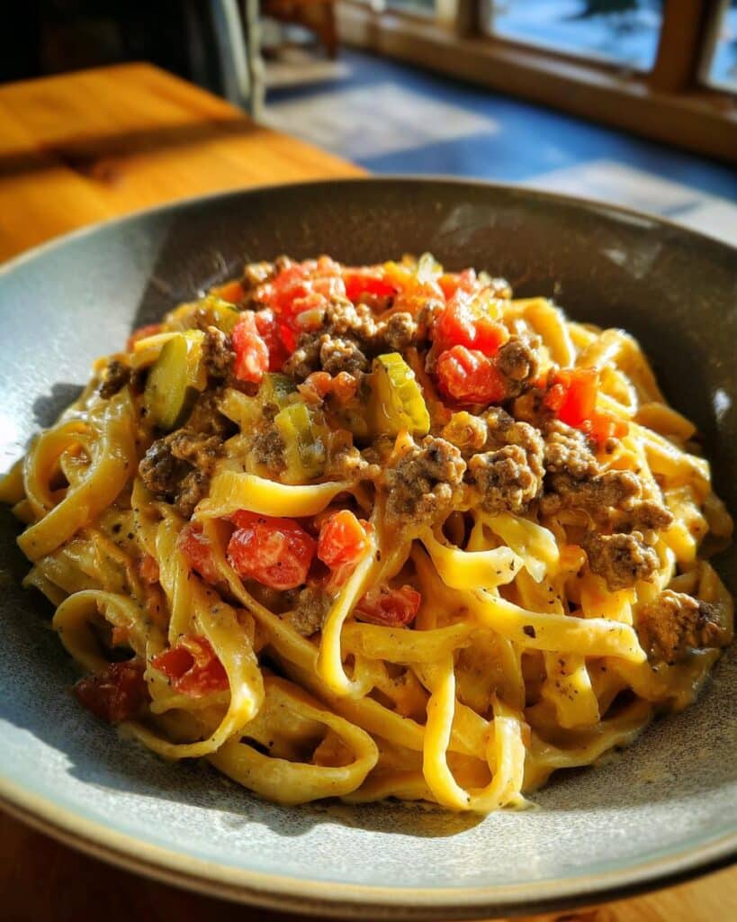 loaded cheeseburger alfredo pasta