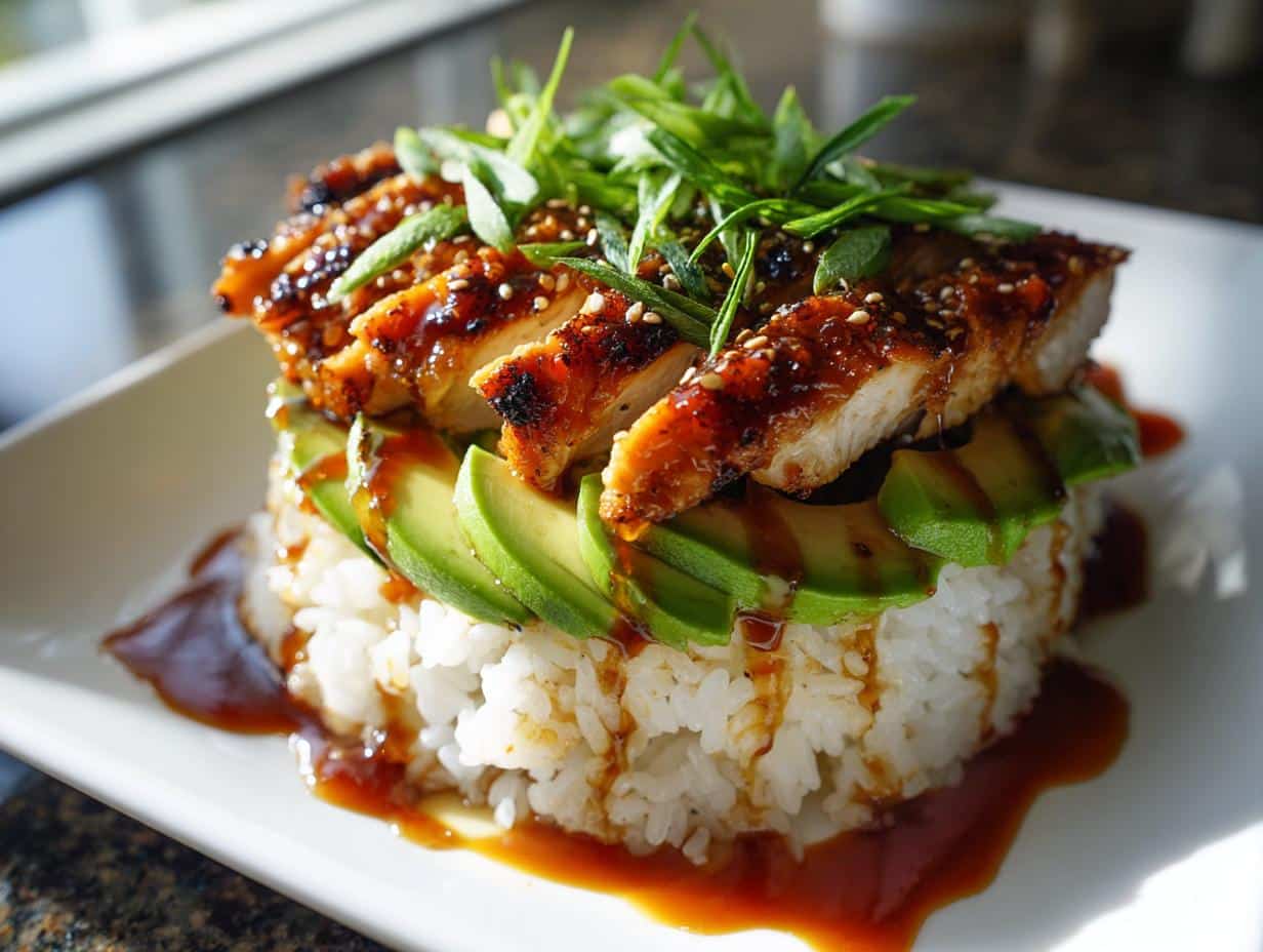 Glazed Honey Lime Chicken with Avocado and Rice Stack - detail 1