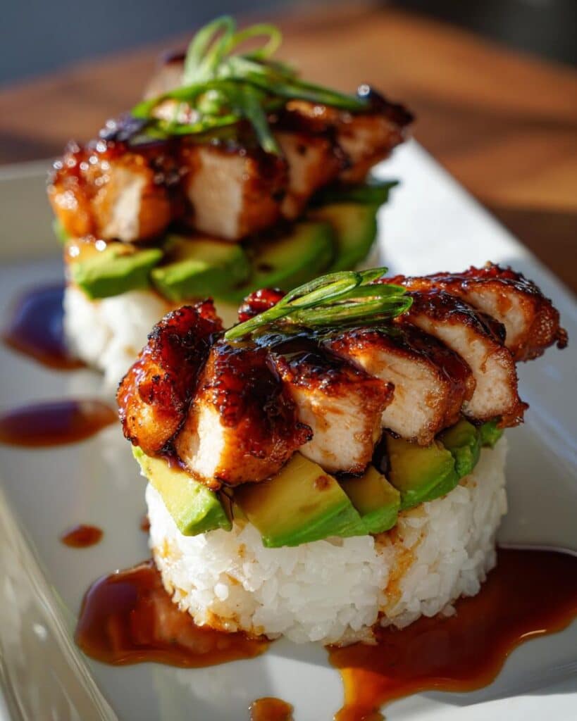 Glazed Honey Lime Chicken with Avocado and Rice Stack