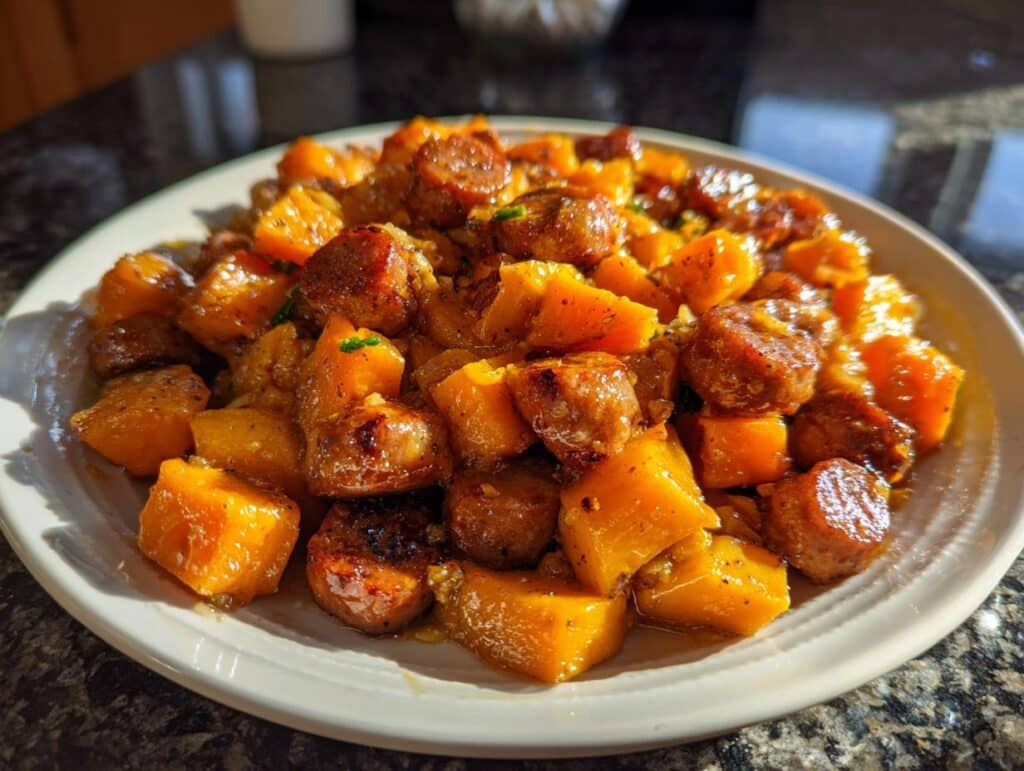 Sausage and Sweet Potatoes with Honey Garlic Sauce