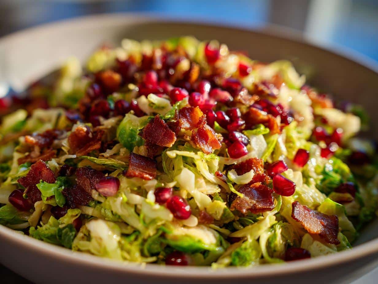 Shredded Brussels Sprout Salad with Bacon and Pomegranate - detail 1